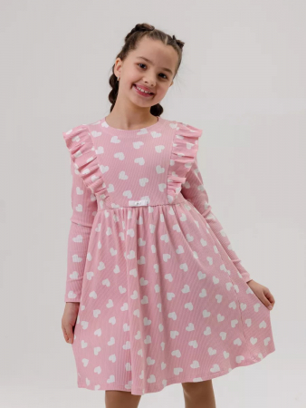 Детское платье "Бетти" длинный рукав / Розовый (сердечки)