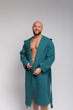 Мужской вафельный халат PandaHug Orlando с капюшоном / малахит