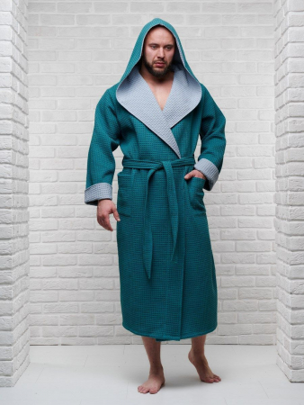 Мужской вафельный халат с капюшоном двухцветный / малахит