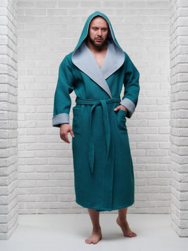 Мужской вафельный халат с капюшоном двухцветный / малахит