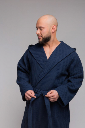 Мужской вафельный халат PandaHug Orlando с капюшоном / синий