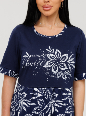 Женское платье Пл-167(К) / Синий (белые цветы + надпись)