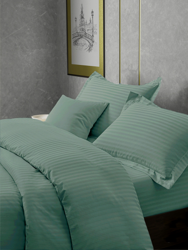 Постельное белье сатин страйп с простыней на резинке (ПУ) / Аквамарин