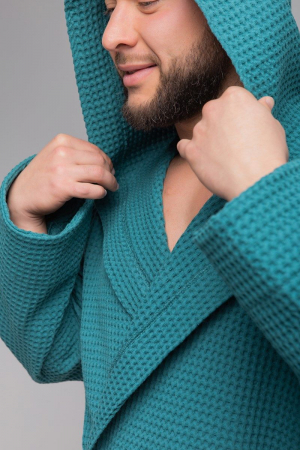 Мужской вафельный халат PandaHug Orlando с капюшоном / малахит