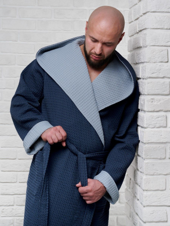 Мужской вафельный халат с капюшоном двухцветный / темно-синий