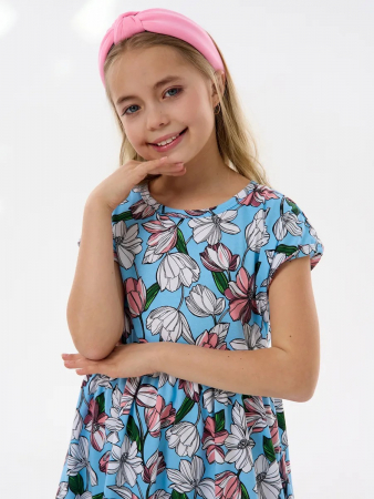 Детское платье "Ласточка" / Розовые тюльпаны на голубом