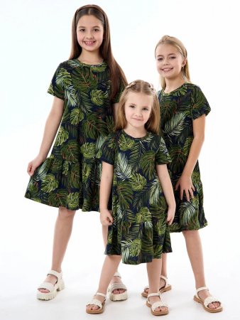 Детское платье "Лето" / Монстера на черном