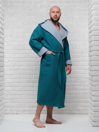 Мужской вафельный халат с капюшоном двухцветный / малахит