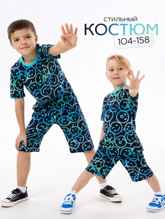 Детская пижама с шортами "Сорванец" / Смайлики на синем