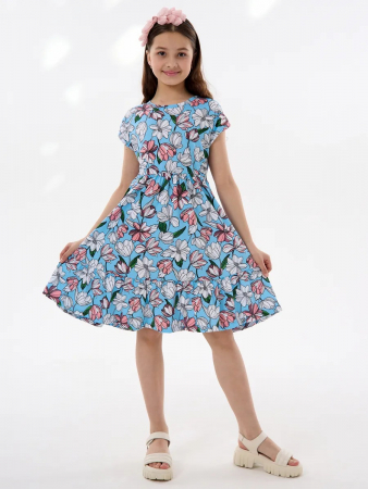 Детское платье "Ласточка" / Розовые тюльпаны на голубом