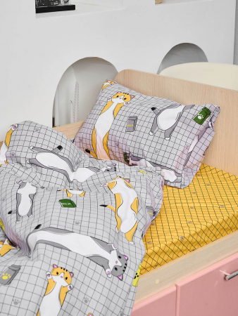 Детское постельное белье поплин с простыней на резинке / Кот-батон