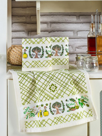 Набор кухонных полотенец 40*60 вафельное полотно 2 шт. на хангере / Оливка (Турция)