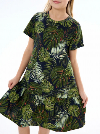 Детское платье "Лето" / Монстера на черном