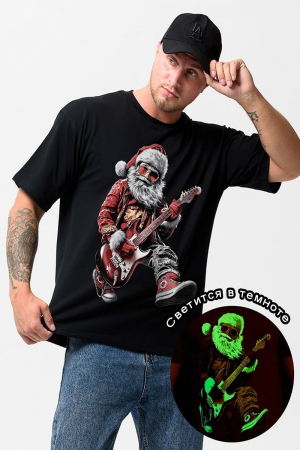 Мужская футболка оверсайз 8586 / черный+Д мороз с гитарой