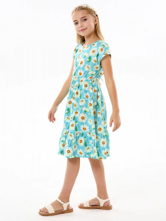 Детское платье "Ласточка" / Крупные ромашки на бирюзе