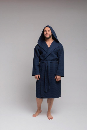Мужской вафельный халат PandaHug Orlando с капюшоном / синий