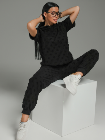 Женский костюм Суфле / Махра, черный сердечки