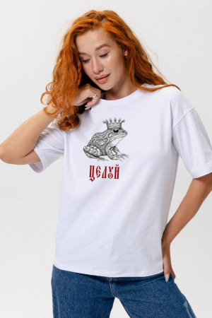Женская футболка 8580 оверсайз / белый+лягушка