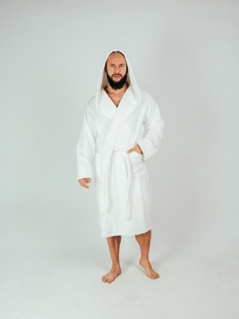 Мужской махровый халат PandaHug с капюшоном / белый