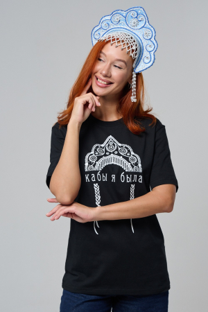 Женская футболка 8584 / черный+кокошник