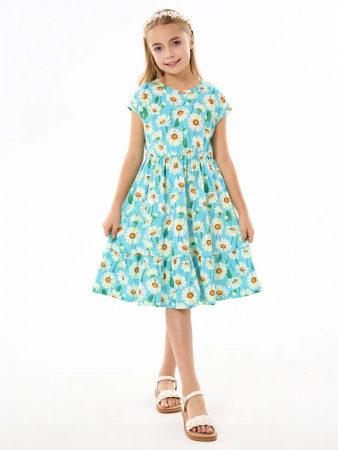 Детское платье "Ласточка" / Крупные ромашки на бирюзе