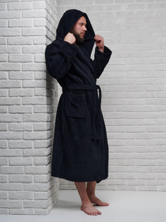Мужской махровый халат PandaHug с капюшоном / черный