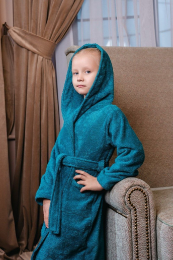 Детский махровый халат с капюшоном / морская волна