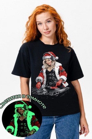 Женская футболка оверсайз 8587 / черный+снегурочка