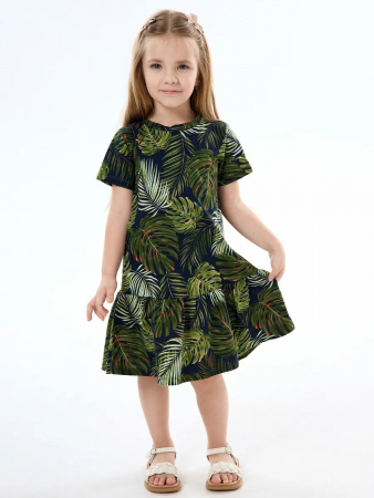 Детское платье "Лето" / Монстера на черном