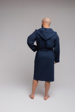 Мужской вафельный халат PandaHug Orlando с капюшоном / синий