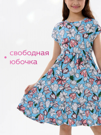 Детское платье "Ласточка" / Розовые тюльпаны на голубом