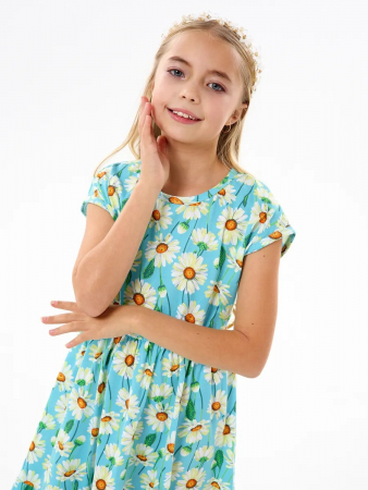 Детское платье "Ласточка" / Крупные ромашки на бирюзе