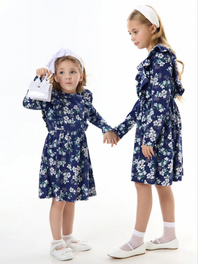 Детское платье "Красотка" / Цветущий сад на синем