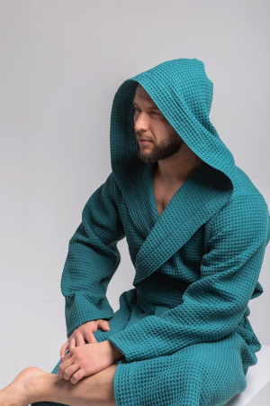 Мужской вафельный халат PandaHug Orlando с капюшоном / малахит