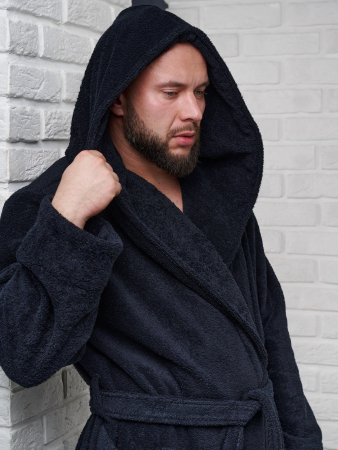 Мужской махровый халат PandaHug с капюшоном / черный