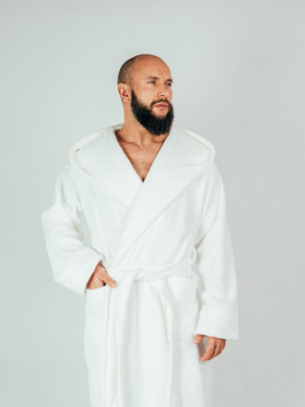 Мужской махровый халат PandaHug с капюшоном / белый