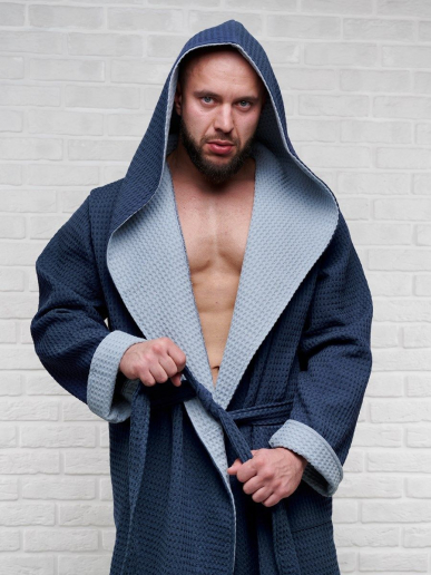 Мужской вафельный халат с капюшоном двухцветный / темно-синий