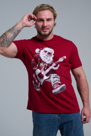 Мужская футболка 8581 / бордо+Д мороз с гитарой