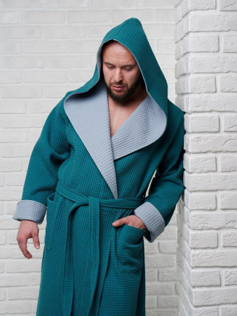 Мужской вафельный халат с капюшоном двухцветный / малахит
