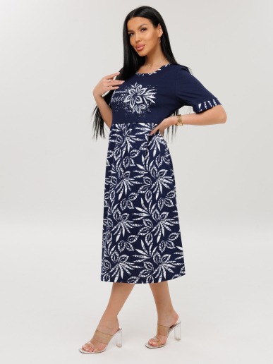 Женское платье Пл-167(К) / Синий (белые цветы + надпись)