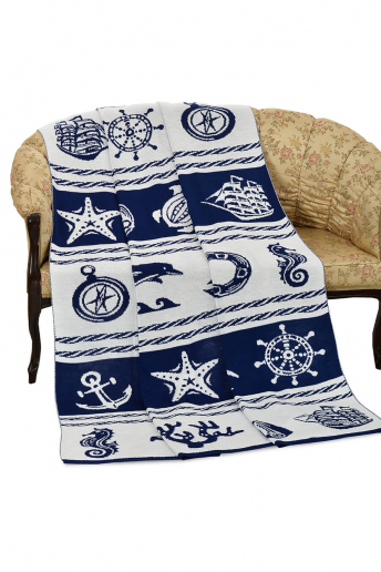 Плед вязаный 133ПТ4 / Синий, белый.