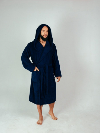 Мужской махровый халат PandaHug с капюшоном / синий