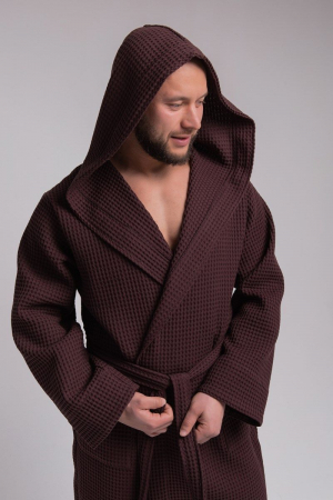 Мужской вафельный халат PandaHug Orlando с капюшоном / шоколадный
