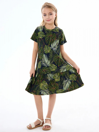 Детское платье "Лето" / Монстера на черном
