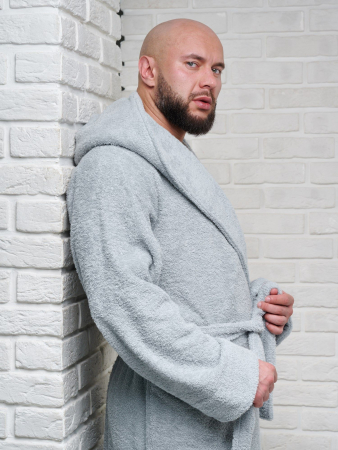 Мужской махровый халат PandaHug с капюшоном / светло-серый