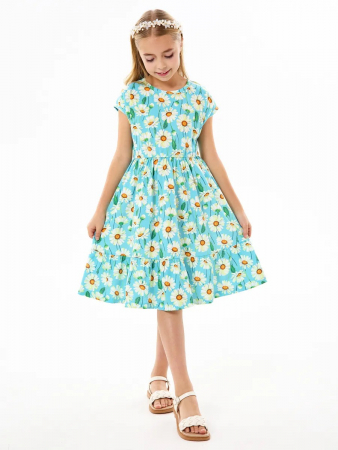 Детское платье "Ласточка" / Крупные ромашки на бирюзе