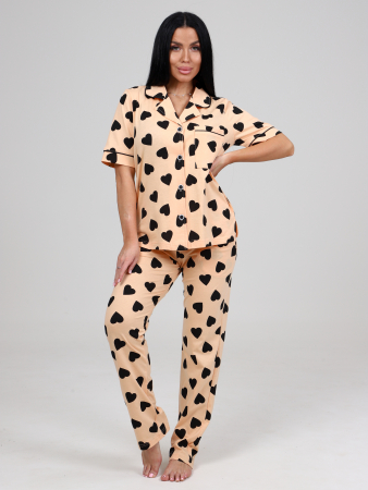 Женская пижама ЛЕДИ КК-61 / Черные сердечки на персиковом