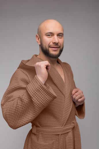 Мужской вафельный халат PandaHug Orlando с капюшоном / мокко