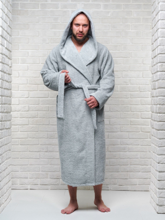 Мужской махровый халат PandaHug с капюшоном / светло-серый