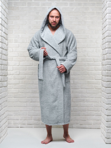 Мужской махровый халат PandaHug с капюшоном / светло-серый